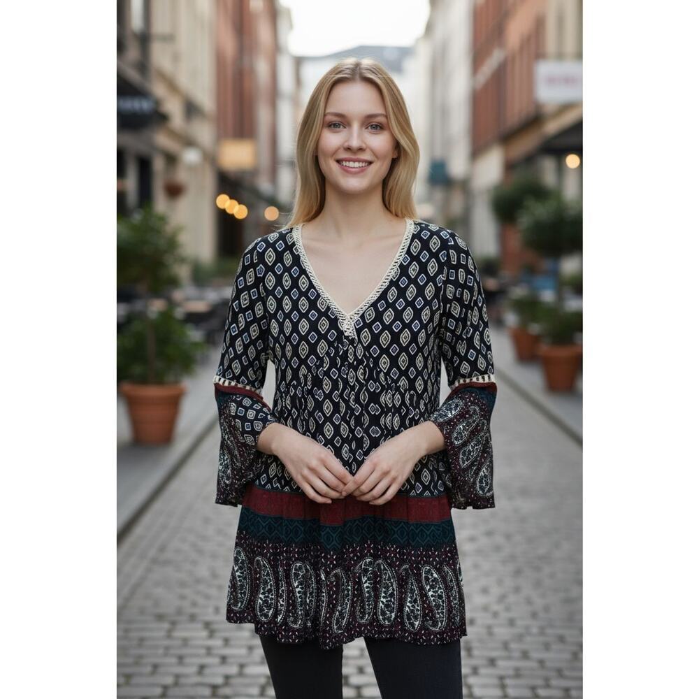 Umgee Black and Red Long Sleeve V-Neck Print Peasant Dress Women's Size Small M